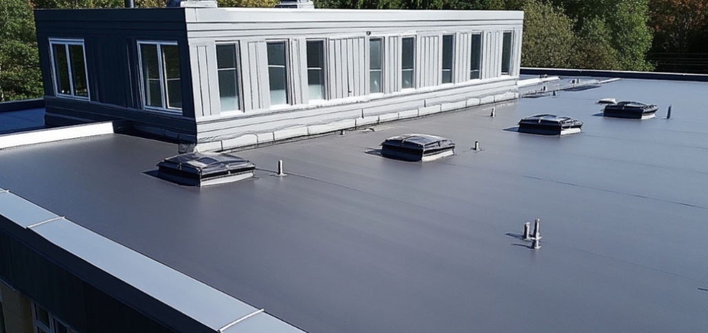 Flat roof featuring a large window and chimney, illustrating a commercial building's EPDM roofing system.