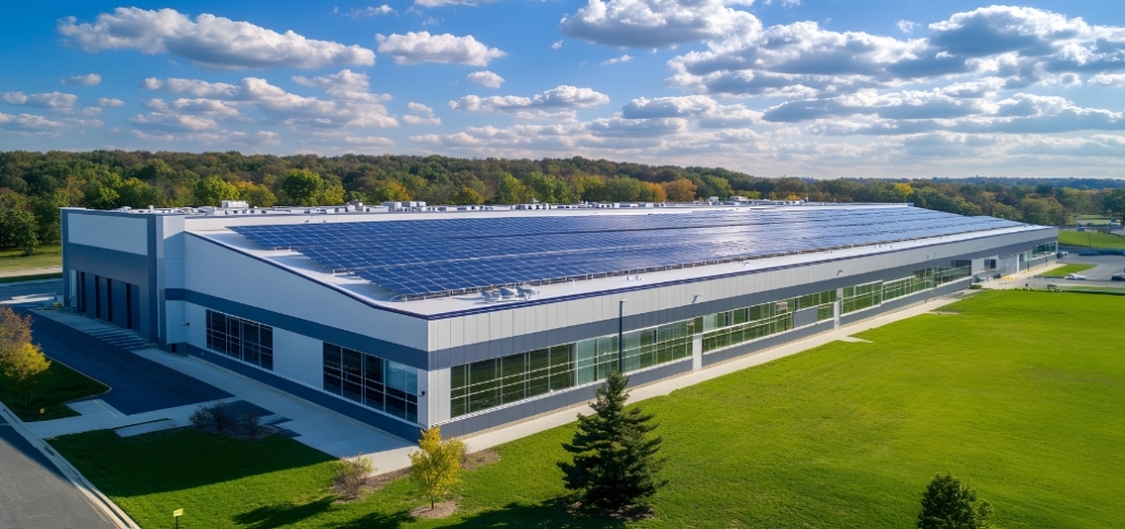 A large industrial building featuring solar panels on the roof, highlighting energy efficiency and sustainability in roofing.