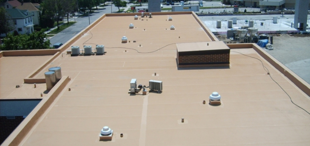 A flat roof illustrating considerations for commercial roofing materials.