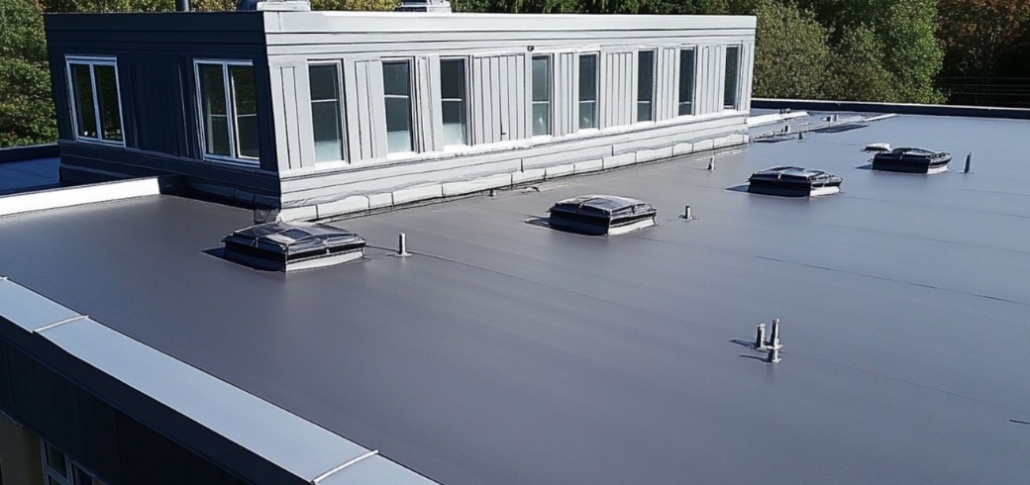 A flat roof featuring numerous vents, illustrating a modified bitumen roofing system for commercial buildings.