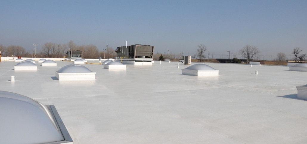 A flat roof featuring multiple white dome-shaped windows, illustrating TPO roof installation and maintenance tips.