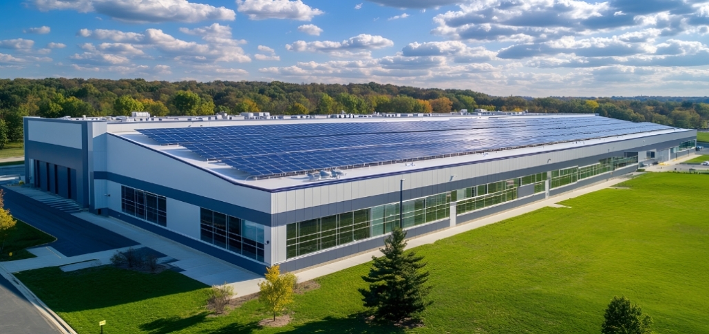 A large industrial building featuring solar panels installed on its roof, highlighting renewable energy use.