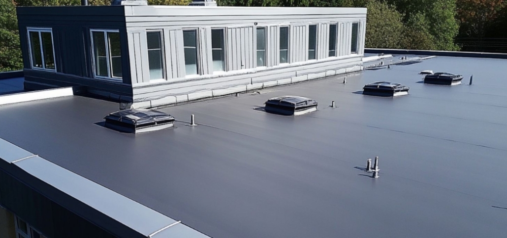 Flat roof design with a large window and air ventilation, emphasizing the durability of EPDM roofing by a warehouse contractor.